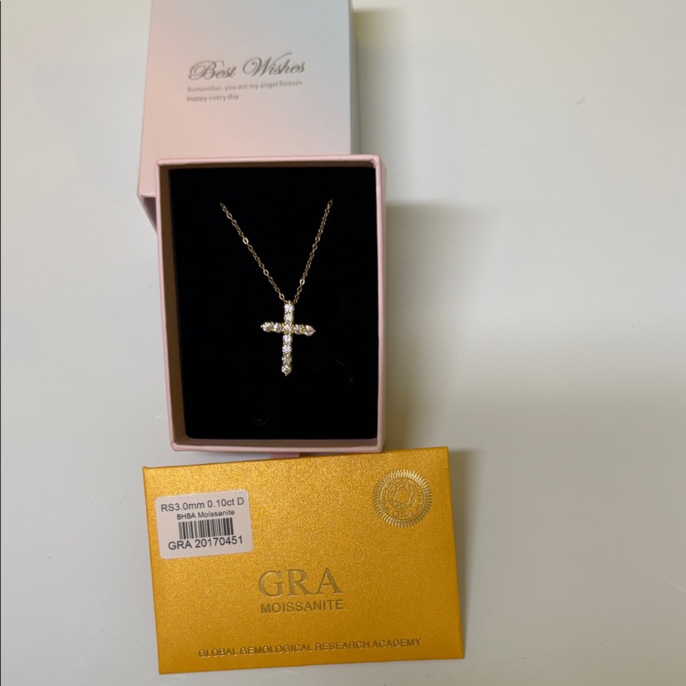 Gold Cross Necklace with moissanite White Stones